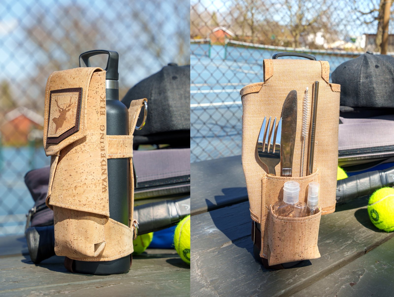 Bottle harness showing utensil and sanitizer compartments